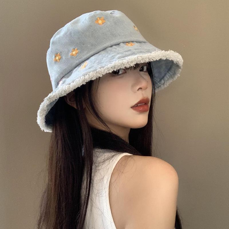 Flower Edged Denim Bucket Hat Women's Summer Big Head Circumference Bucket Basin Hat Showing Face Small Sunshade Sunscreen Hat_voghion.com