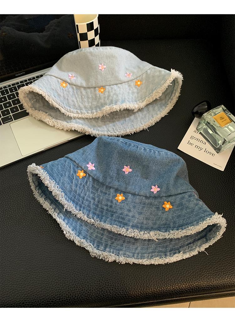 Flower Edged Denim Bucket Hat Women's Summer Big Head Circumference Bucket Basin Hat Showing Face Small Sunshade Sunscreen Hat_voghion.com