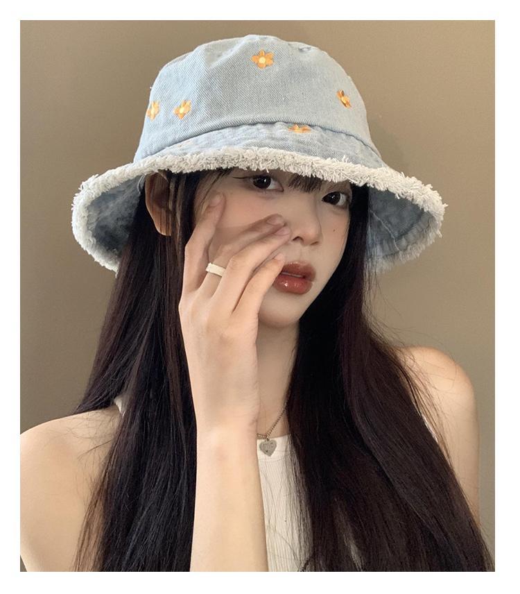 Flower Edged Denim Bucket Hat Women's Summer Big Head Circumference Bucket Basin Hat Showing Face Small Sunshade Sunscreen Hat_voghion.com