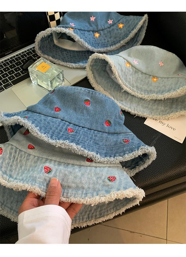 Flower Edged Denim Bucket Hat Women's Summer Big Head Circumference Bucket Basin Hat Showing Face Small Sunshade Sunscreen Hat_voghion.com