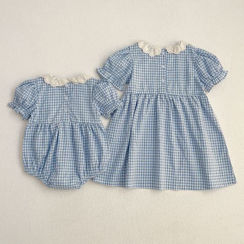 Baby Strampler Mädchenkleid Karierter Spitzenkragen Sommer_voghion.com