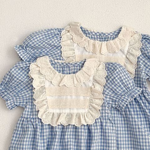 Baby Strampler Mädchenkleid Karierter Spitzenkragen Sommer_voghion.com