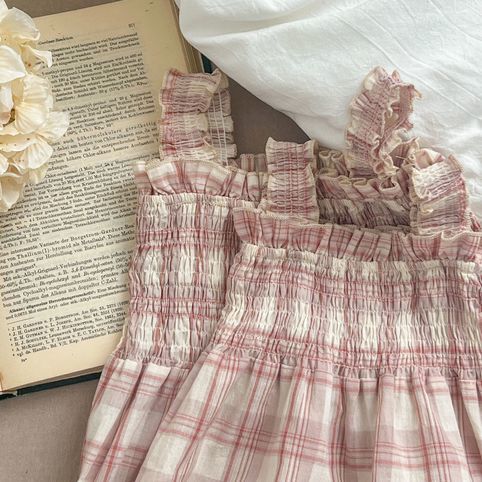 Mädchen Karierter Strampler Mit Trägern Und Passendes Kleid_voghion.com