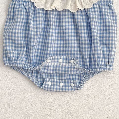 Baby Strampler Mädchenkleid Karierter Spitzenkragen Sommer_voghion.com