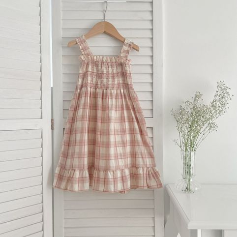 Mädchen Karierter Strampler Mit Trägern Und Passendes Kleid_voghion.com