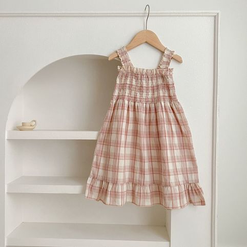 Mädchen Karierter Strampler Mit Trägern Und Passendes Kleid_voghion.com