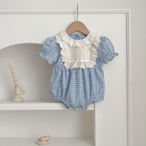 Baby Strampler Mädchenkleid Karierter Spitzenkragen Sommer_voghion.com
