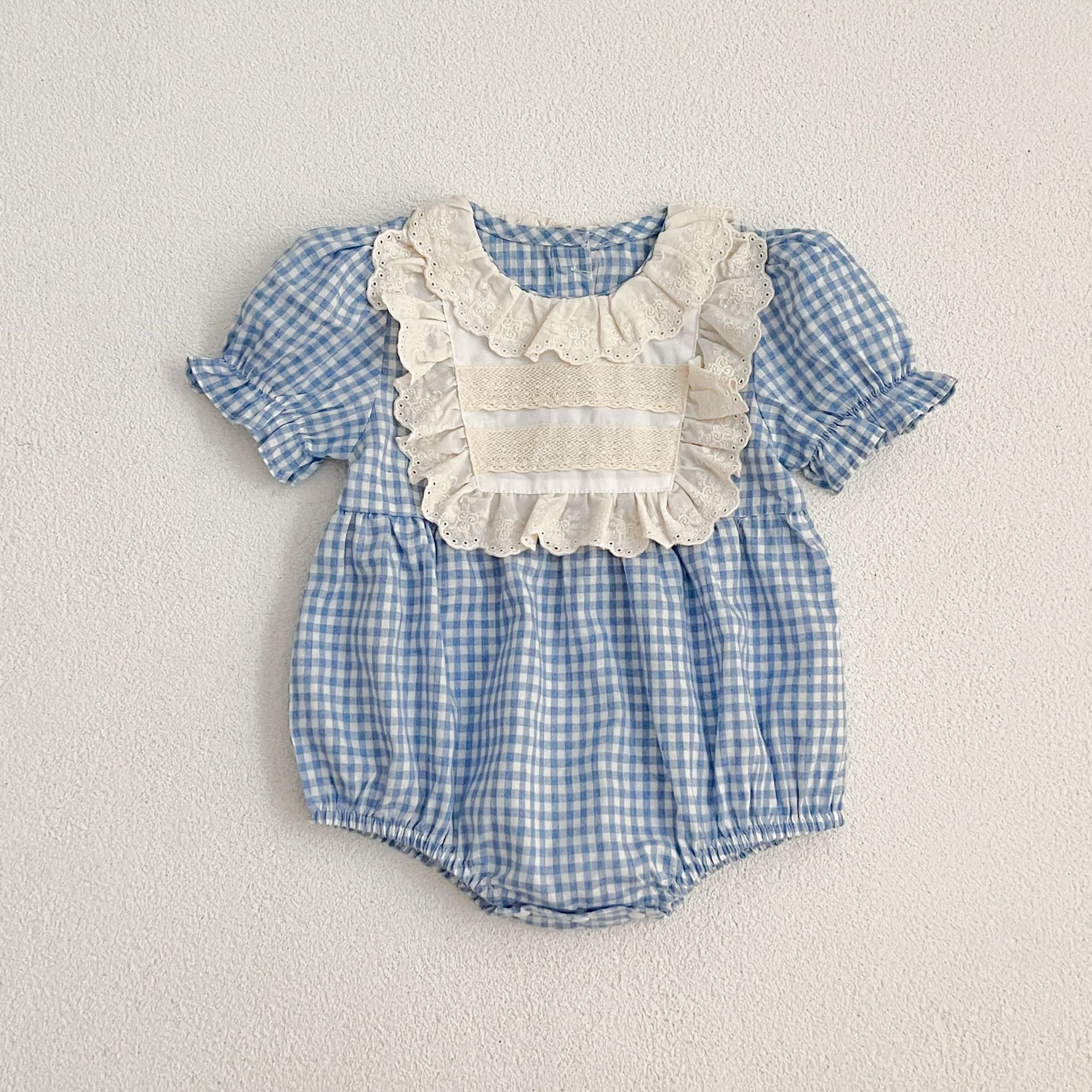 Sommerlicher Baby-Strampler im koreanischen Stil mit kariertem Spitzenkragen, Jumpsuit für Mädchen, Kleid für Schwestern_voghion.com
