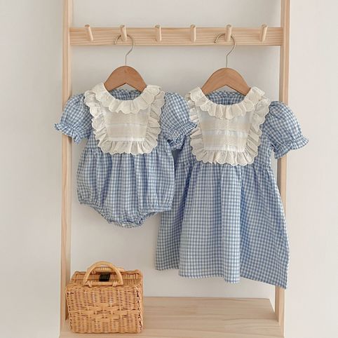 Baby Strampler Mädchenkleid Karierter Spitzenkragen Sommer_voghion.com