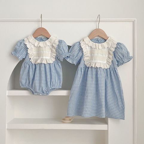 Baby Strampler Mädchenkleid Karierter Spitzenkragen Sommer_voghion.com