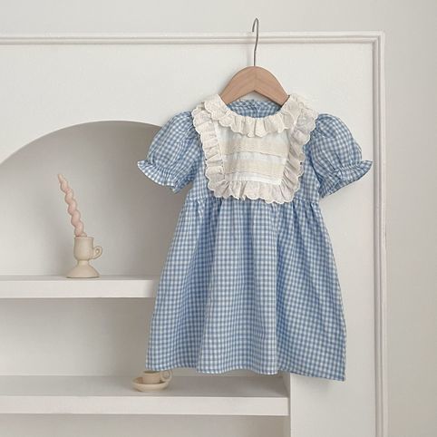 Baby Strampler Mädchenkleid Karierter Spitzenkragen Sommer_voghion.com