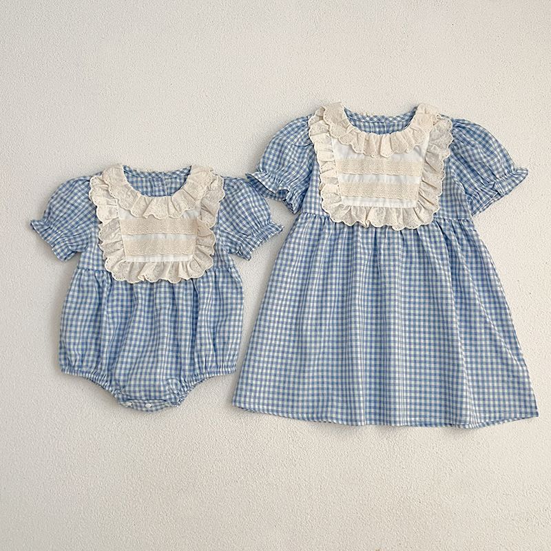 Baby Strampler Mädchenkleid Karierter Spitzenkragen Sommer_voghion.com