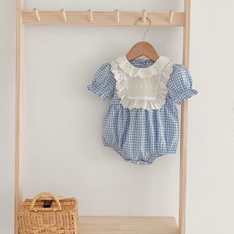 Baby Strampler Mädchenkleid Karierter Spitzenkragen Sommer_voghion.com