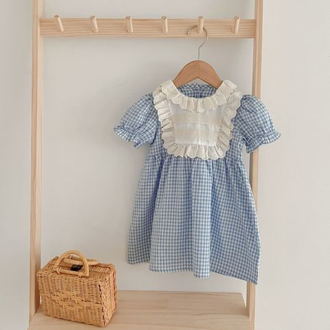 Baby Strampler Mädchenkleid Karierter Spitzenkragen Sommer_voghion.com