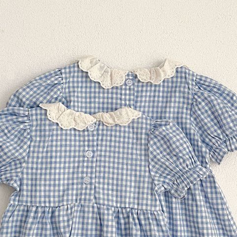 Baby Strampler Mädchenkleid Karierter Spitzenkragen Sommer_voghion.com