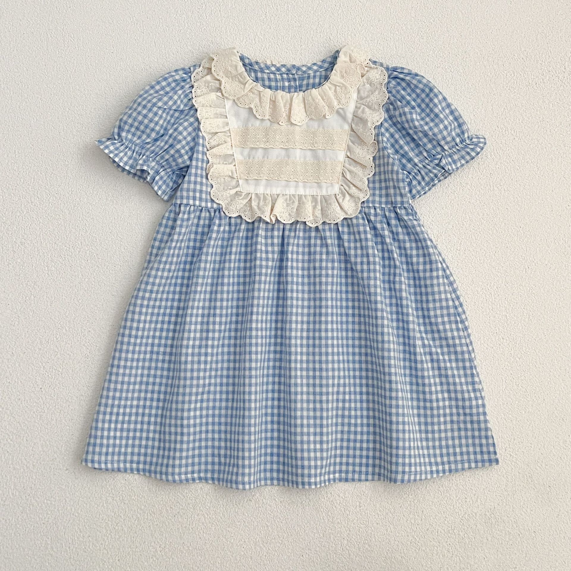 Sommerlicher Baby-Strampler im koreanischen Stil mit kariertem Spitzenkragen, Jumpsuit für Mädchen, Kleid für Schwestern_voghion.com