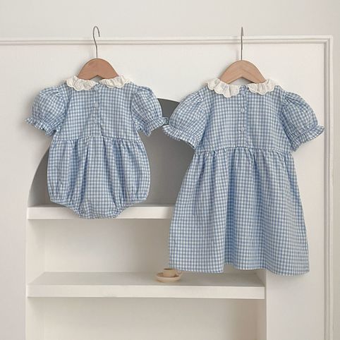 Baby Strampler Mädchenkleid Karierter Spitzenkragen Sommer_voghion.com