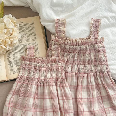 Mädchen Karierter Strampler Mit Trägern Und Passendes Kleid_voghion.com