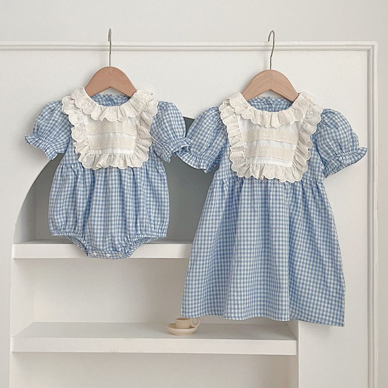 Baby Strampler Mädchenkleid Karierter Spitzenkragen Sommer_voghion.com