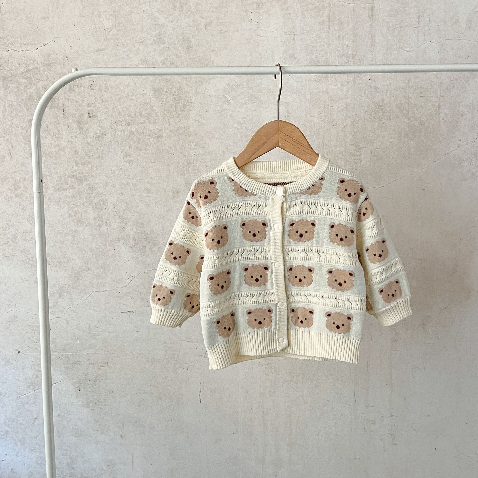 Korean-Style Newborn Pure Cotton Versatile Embroidered Bear Sweater Cardigan, Thickened Autumn Winter Coat For Infants_voghion.com