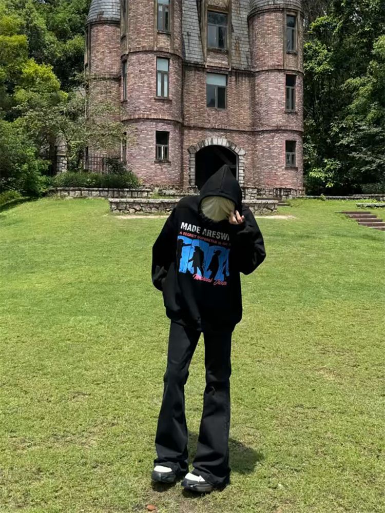 American Korean Style Men's Black High-End Niche Casual Versatile Fleece-Lined Thickened Hooded Sweatshirt Trendy_voghion.com