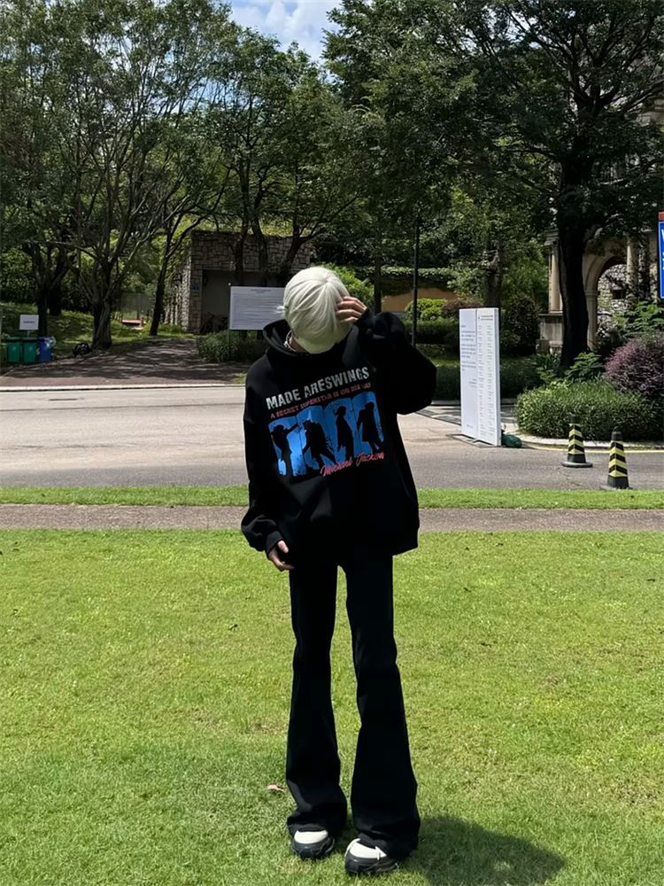 American Korean Style Men's Black High-End Niche Casual Versatile Fleece-Lined Thickened Hooded Sweatshirt Trendy_voghion.com