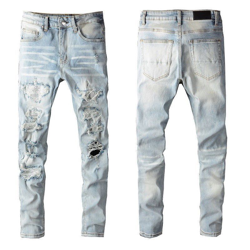 Tide Brand Hot Drilling Hole Patch Design Sense High Street Washed Slim Fit Small Feet Jeans Men's Jeans_voghion.com