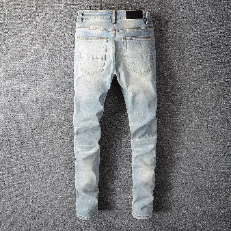 Tide Brand Hot Drilling Hole Patch Design Sense High Street Washed Slim Fit Small Feet Jeans Men's Jeans_voghion.com