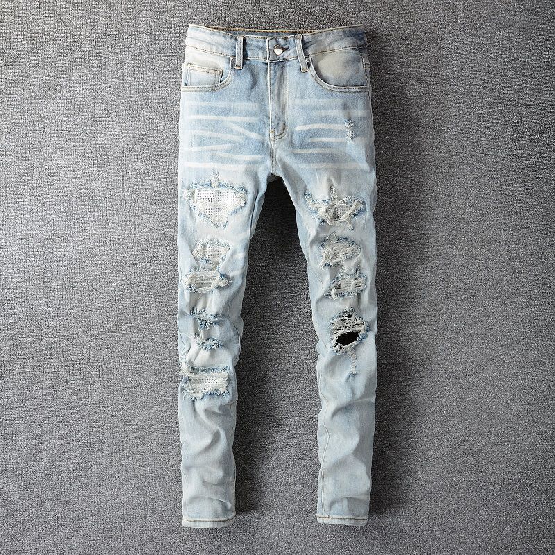 Tide Brand Hot Drilling Hole Patch Design Sense High Street Washed Slim Fit Small Feet Jeans Men's Jeans_voghion.com