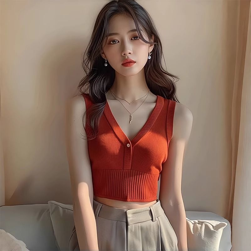 橘红色针织无袖背心2026新款夏季多巴胺泰式吊带独特别致绝美上衣