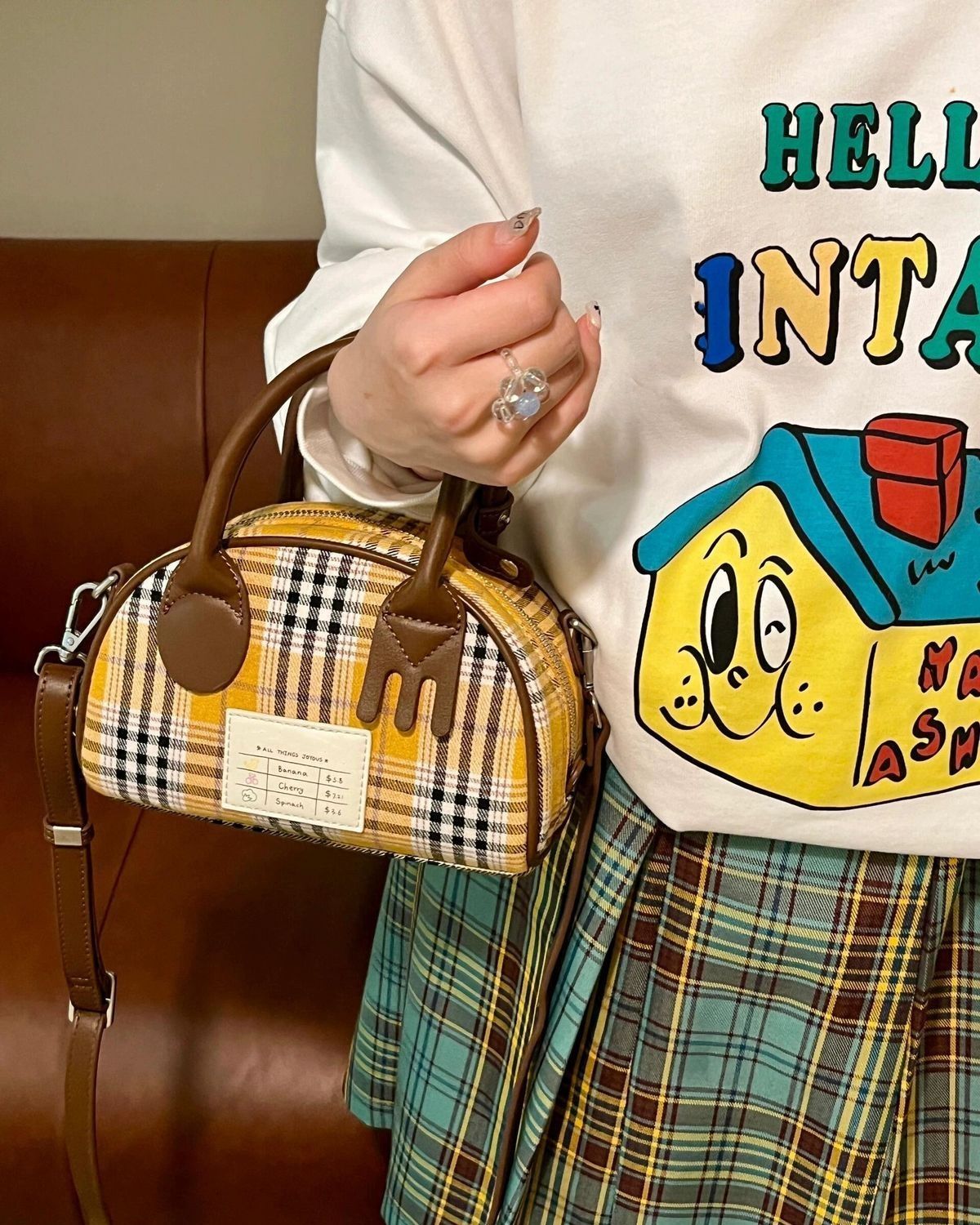 Retro bowling tas met ruitpatroon voor dames luxe schoudertas_voghion.com