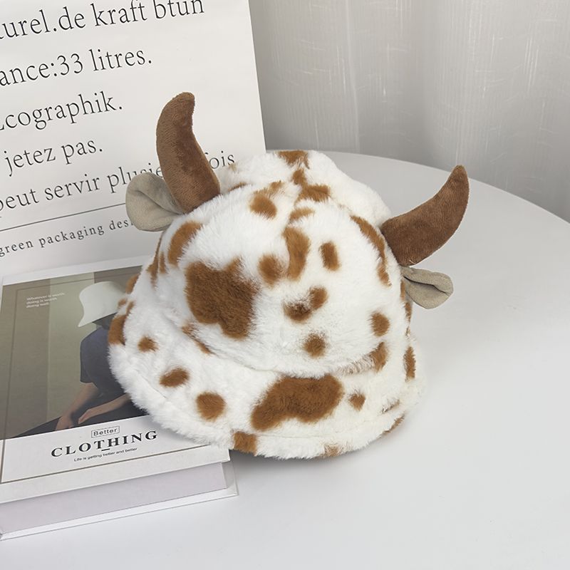 Schattige Niu Niu ~ Koreaanse versie van de herfst en winter warme pluche cartoon hoorn emmer hoed zoete en grappige vrouwelijke oorbeschermers ins bassin hoed_voghion.com