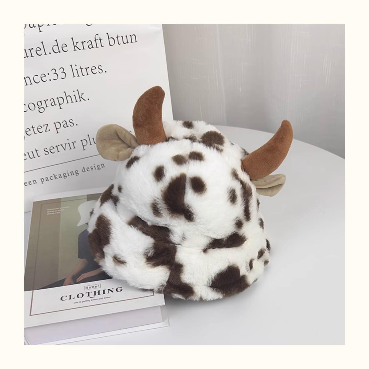 Schattige Niu Niu ~ Koreaanse versie van de herfst en winter warme pluche cartoon hoorn emmer hoed zoete en grappige vrouwelijke oorbeschermers ins bassin hoed_voghion.com