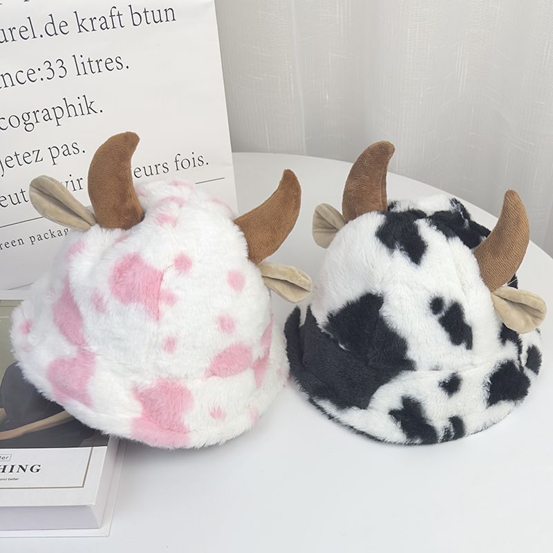 Schattige Niu Niu ~ Koreaanse versie van de herfst en winter warme pluche cartoon hoorn emmer hoed zoete en grappige vrouwelijke oorbeschermers ins bassin hoed_voghion.com