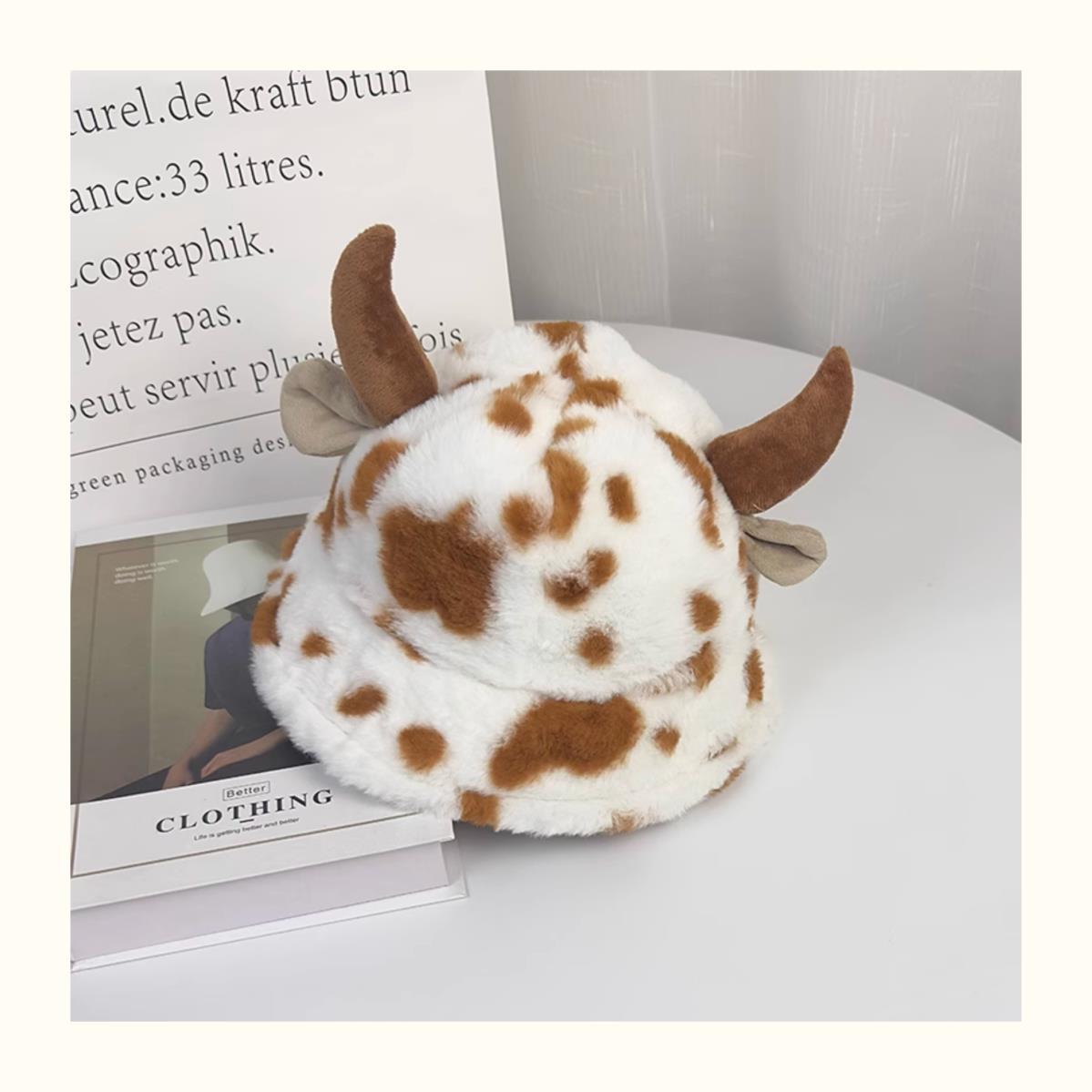 Schattige Niu Niu ~ Koreaanse versie van de herfst en winter warme pluche cartoon hoorn emmer hoed zoete en grappige vrouwelijke oorbeschermers ins bassin hoed_voghion.com