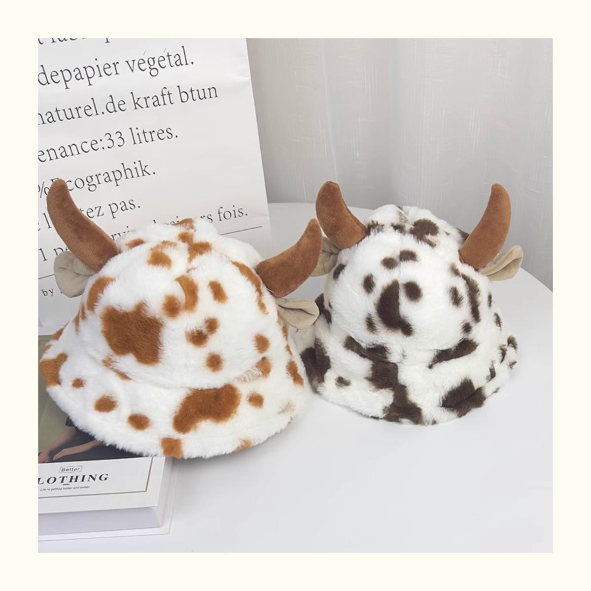 Schattige Niu Niu ~ Koreaanse versie van de herfst en winter warme pluche cartoon hoorn emmer hoed zoete en grappige vrouwelijke oorbeschermers ins bassin hoed_voghion.com