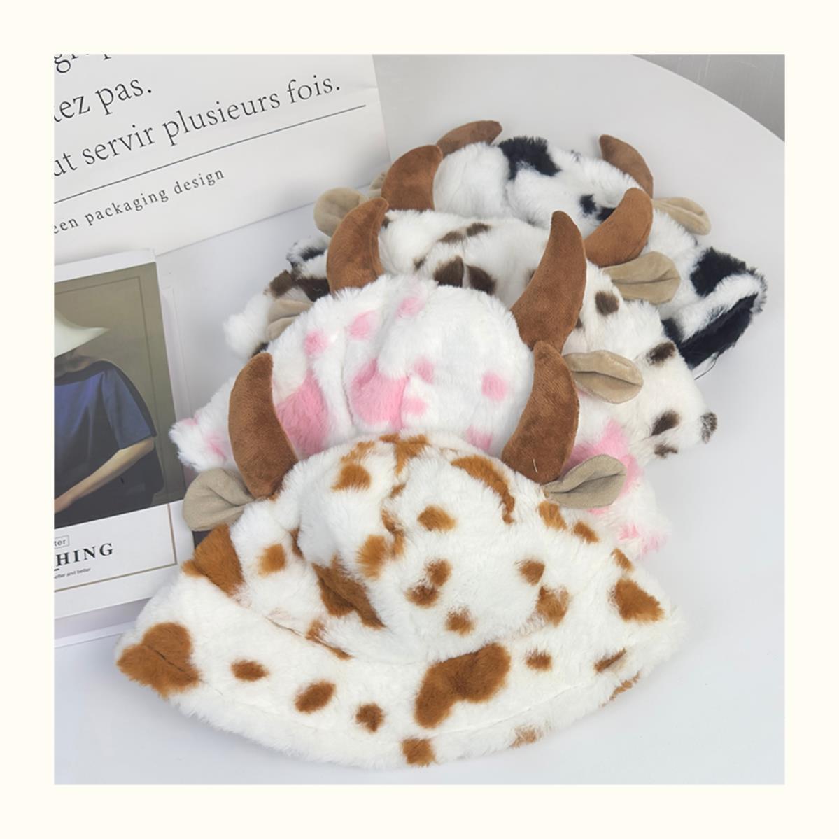 Schattige Niu Niu ~ Koreaanse versie van de herfst en winter warme pluche cartoon hoorn emmer hoed zoete en grappige vrouwelijke oorbeschermers ins bassin hoed_voghion.com
