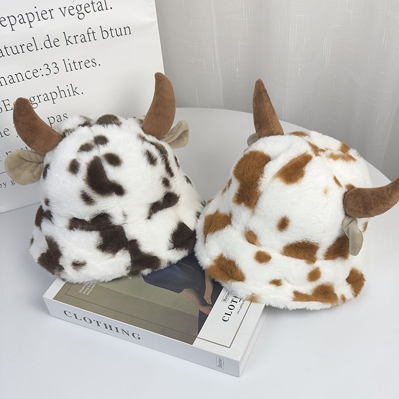 Schattige Niu Niu ~ Koreaanse versie van de herfst en winter warme pluche cartoon hoorn emmer hoed zoete en grappige vrouwelijke oorbeschermers ins bassin hoed_voghion.com