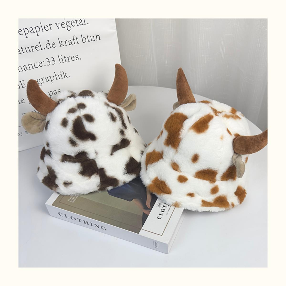 Schattige Niu Niu ~ Koreaanse versie van de herfst en winter warme pluche cartoon hoorn emmer hoed zoete en grappige vrouwelijke oorbeschermers ins bassin hoed_voghion.com