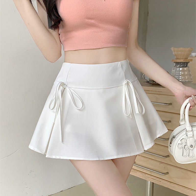 Spot Korean style hot girl design bow tie anti-exposure skirt A-line skirt autumn skirt
