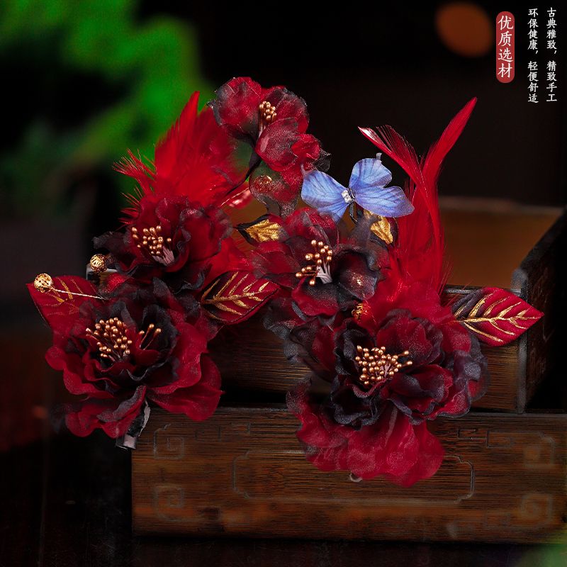 影楼古风发饰绢纱黑红色牡丹芍药唐风花朵羽毛发夹汉服新年发饰品 图片 2