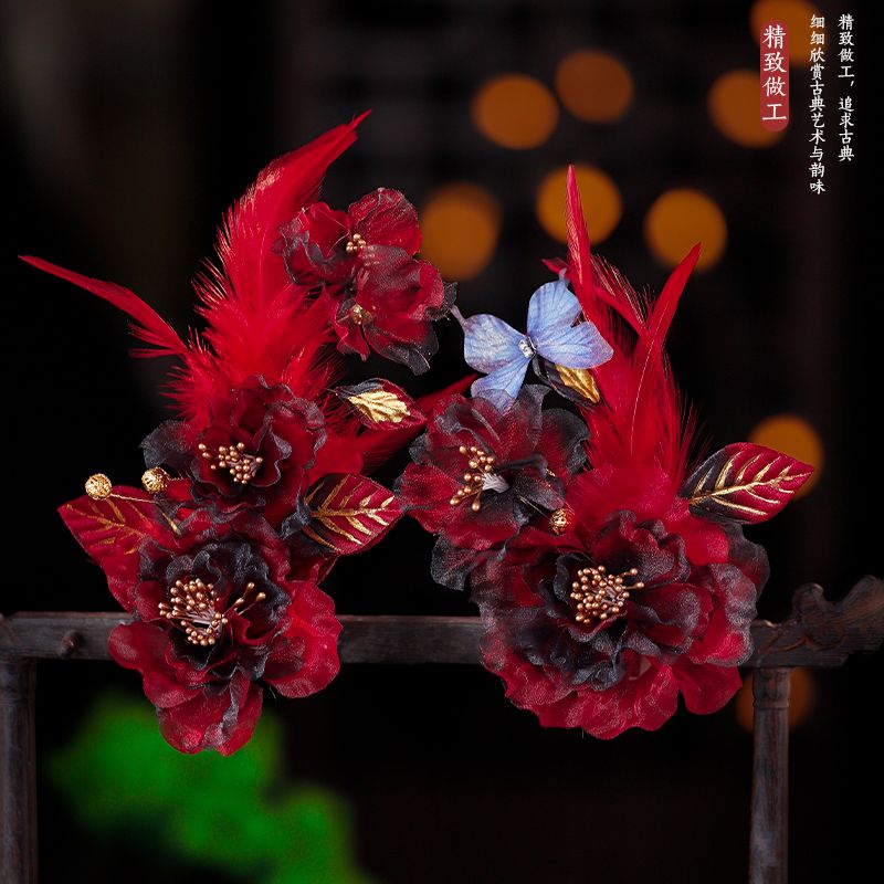 影楼古风发饰绢纱黑红色牡丹芍药唐风花朵羽毛发夹汉服新年发饰品