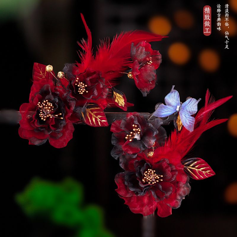 影楼古风发饰绢纱黑红色牡丹芍药唐风花朵羽毛发夹汉服新年发饰品 图片 3
