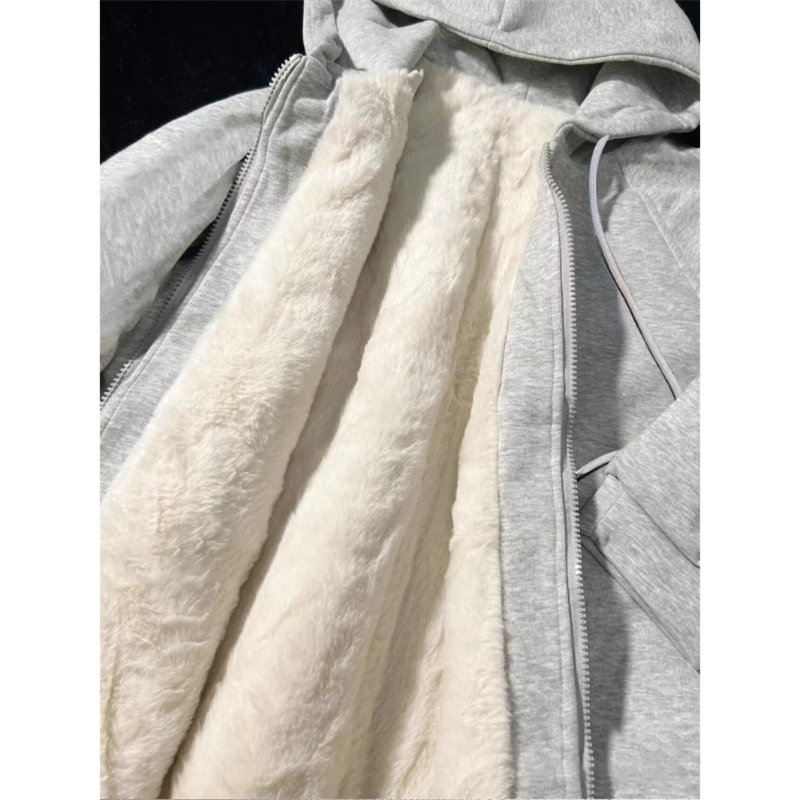 Lamm-Hoodie für Damen im Herbst-Winter 2024, neue Lazy-Style-Reißverschluss-Strickjacke mit dickem Fleece und lockerer Kapuzenjacke_voghion.com