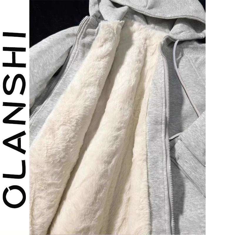 Lamm-Hoodie für Damen im Herbst-Winter 2024, neue Lazy-Style-Reißverschluss-Strickjacke mit dickem Fleece und lockerer Kapuzenjacke_voghion.com