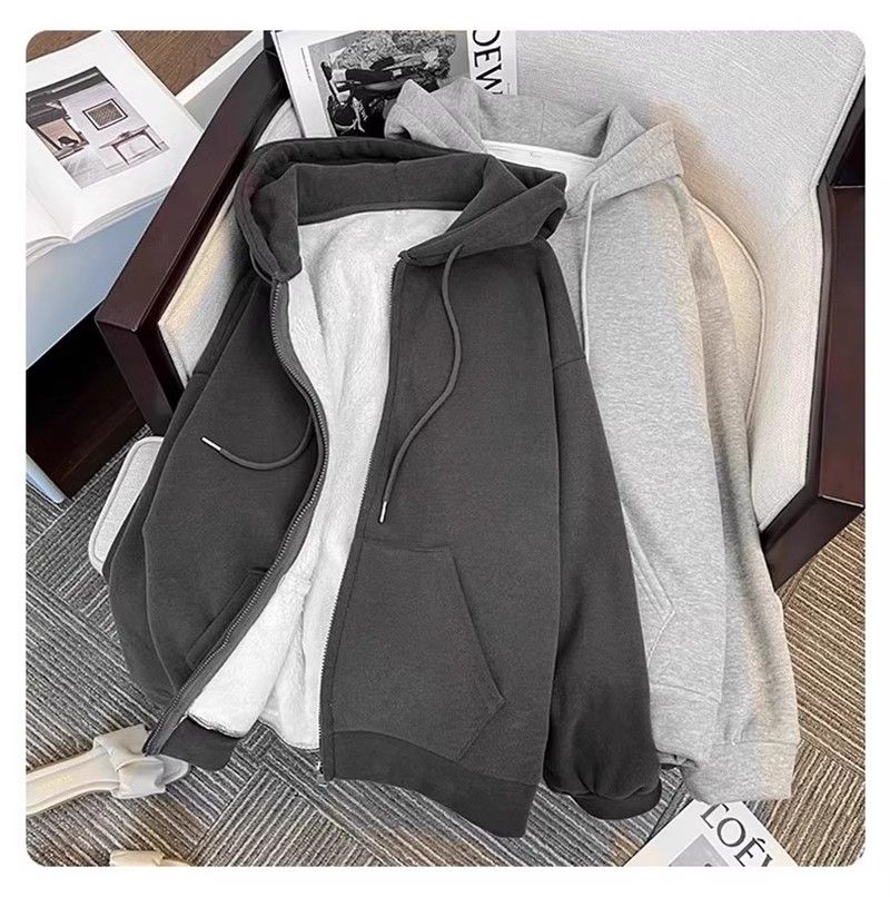 Lamm-Hoodie für Damen im Herbst-Winter 2024, neue Lazy-Style-Reißverschluss-Strickjacke mit dickem Fleece und lockerer Kapuzenjacke_voghion.com