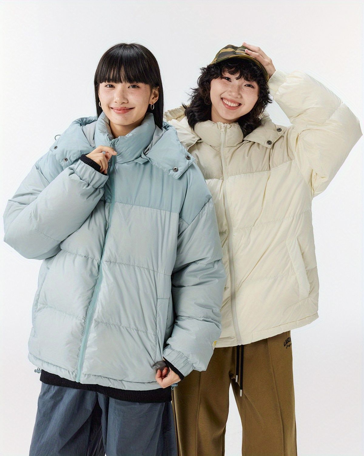 OWOX Kapuzenjacke mit abnehmbarer Kapuze, Color-Block, 90 Weiß, Enten-Paar-Daunenjacke, Wintermantel für Damen, kältebeständig, warm und dick gefüttert_voghion.com