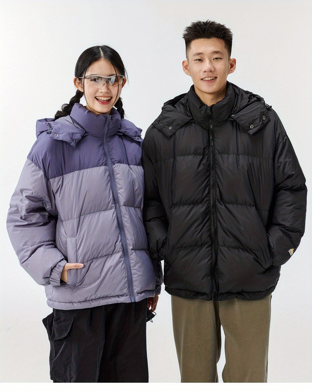 OWOX Kapuzenjacke mit abnehmbarer Kapuze, Color-Block, 90 Weiß, Enten-Paar-Daunenjacke, Wintermantel für Damen, kältebeständig, warm und dick gefüttert_voghion.com