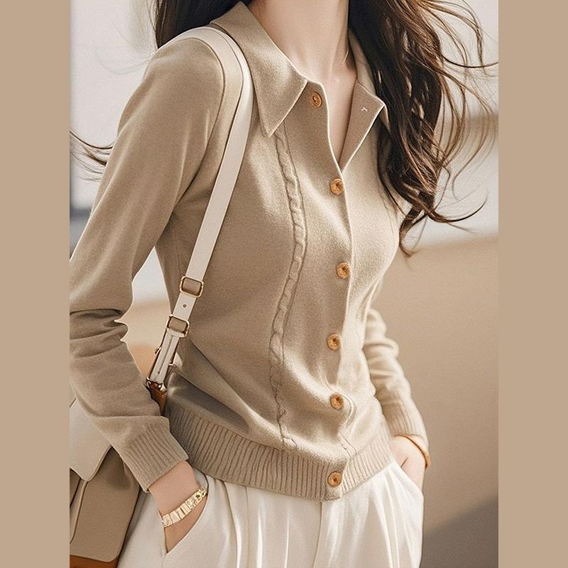 法式氣質百搭翻領顯瘦針織開衫-Cicimode