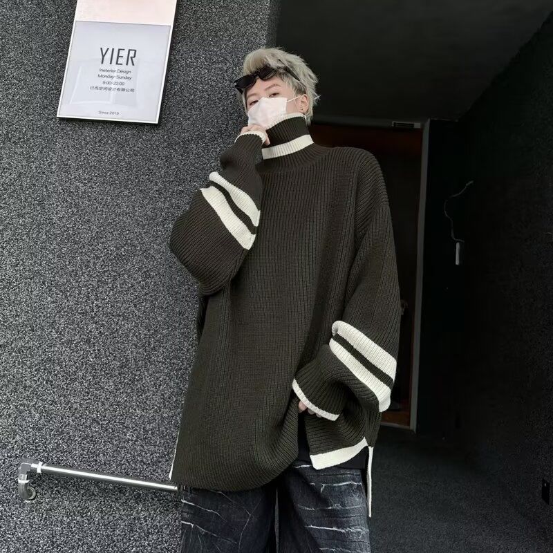 Autumn And Winter Turtleneck Sweater Men's Pullover Slit Japanese Retro Loose Color Matching American Sports Student Trendy Knitted Sweater_voghion.com